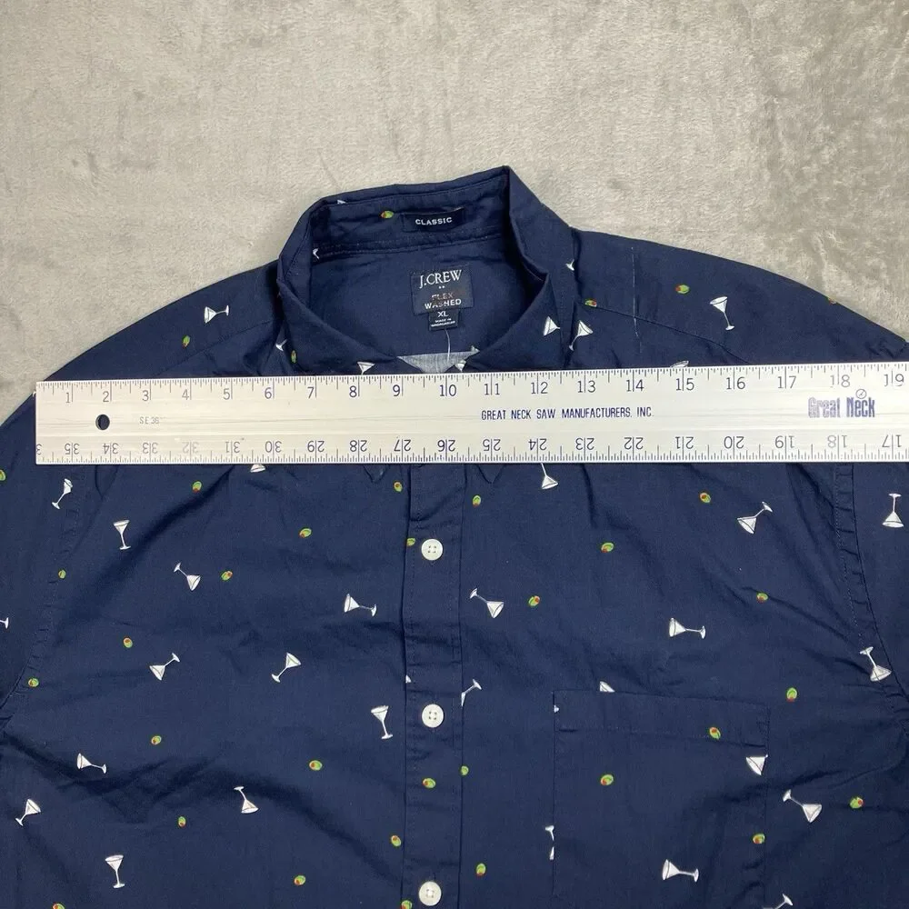 J.Crew Shirt Mens XL Navy Flex Washed Martini Olive Print Button Down Novelty